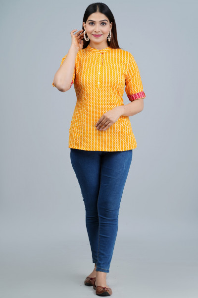 Yellow Striped Printed Cotton Top
