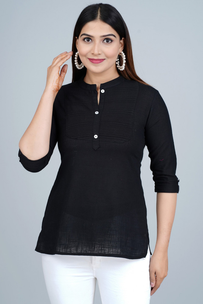 Black Solid Pleated Cotton Top