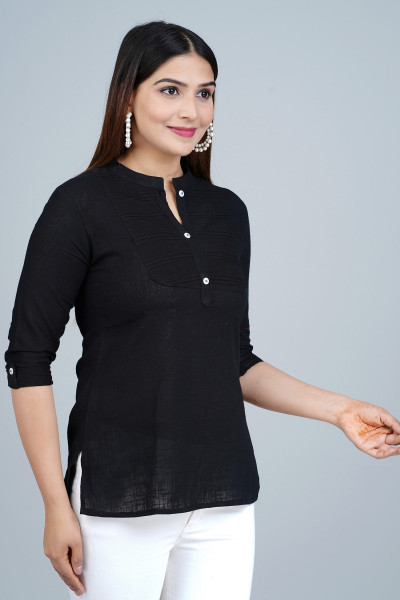 Black Solid Pleated Cotton Top