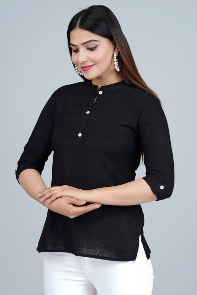 Black Solid Pleated Cotton Top