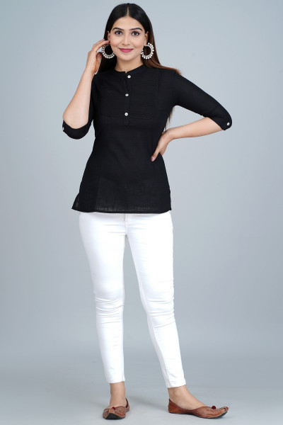 Black Solid Pleated Cotton Top