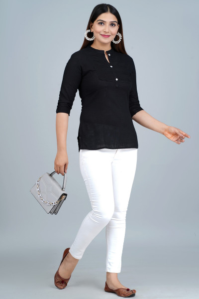 Black Solid Pleated Cotton Top