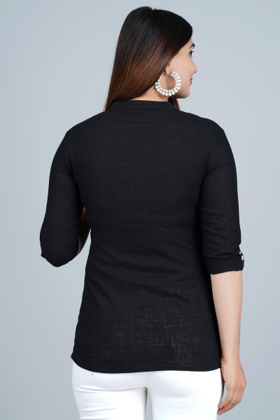 Black Solid Pleated Cotton Top