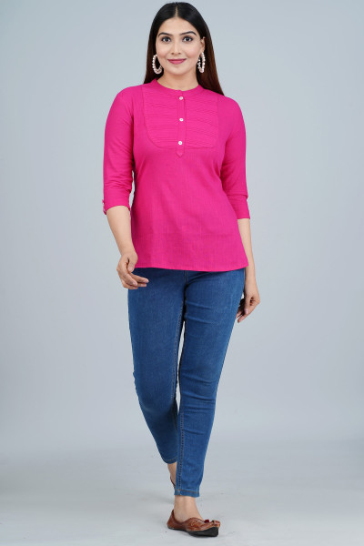 Pink Solid Pleated Cotton Top