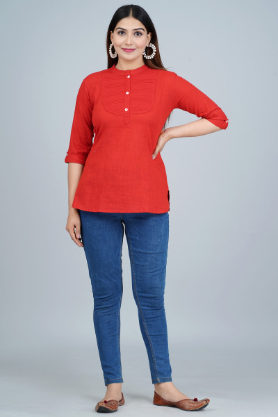 Red Solid Pleated Cotton Top