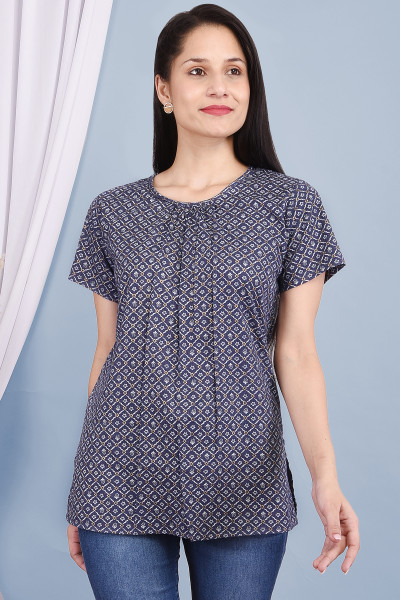 Blue Ethnic Printed Regular Cotton Top