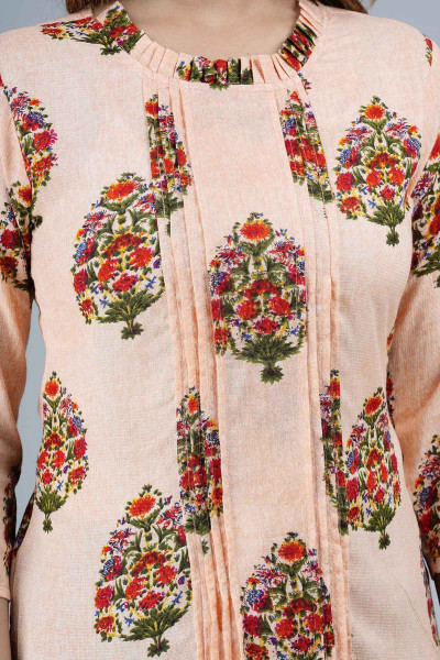 Peach Ethnic Printed Pleated Rayon Top