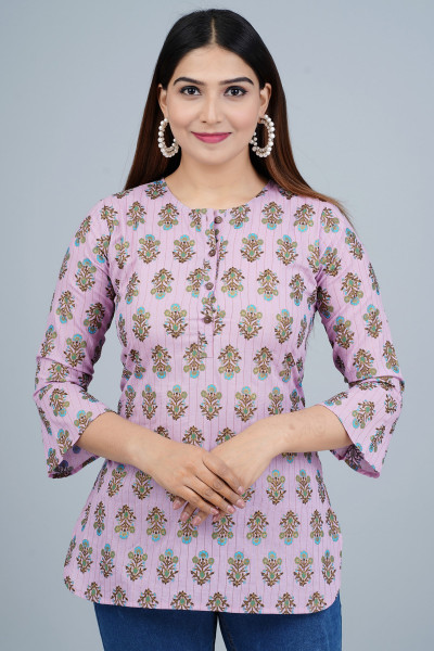 Lavender Ethnic Printed Straight Cotton Top