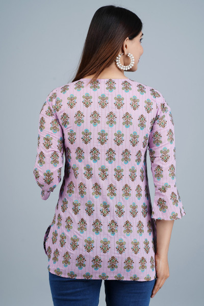 Lavender Ethnic Printed Straight Cotton Top
