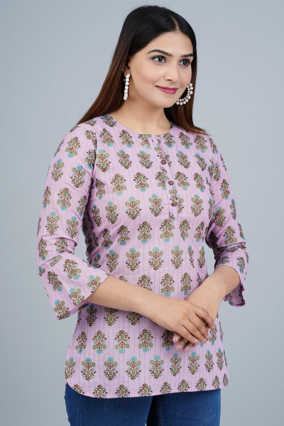 Lavender Ethnic Printed Straight Cotton Top