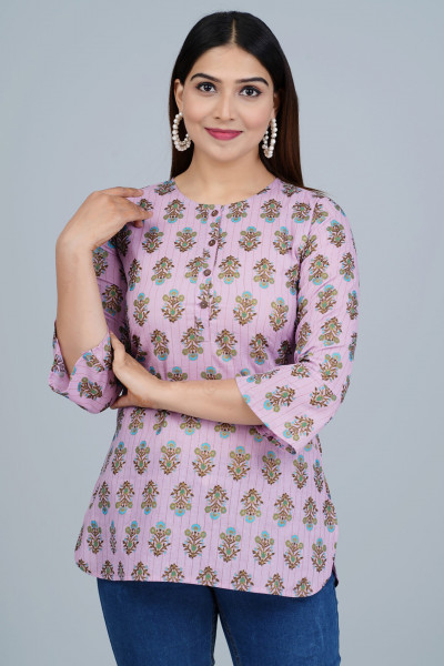 Lavender Ethnic Printed Straight Cotton Top