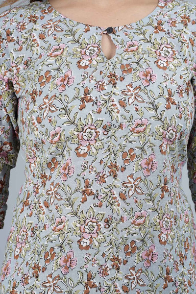 Grey Floral Printed Straight Cotton Top