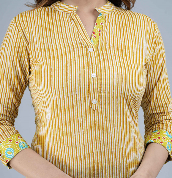 Mustard Stripes Printed Cotton Top