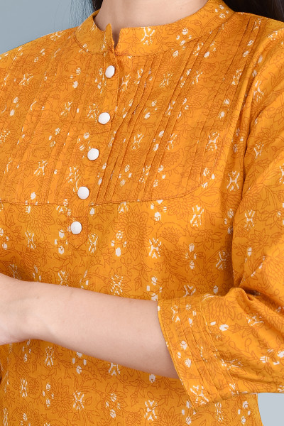 Mustard Ethnic Printed Pleated Cotton Top
