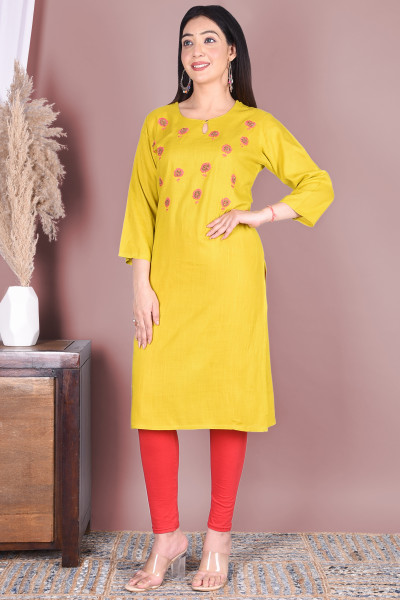 Mustard Rayon Handwork Straight Kurta