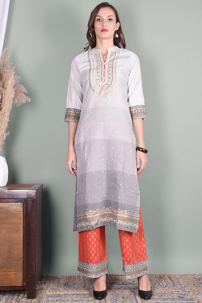 Women Pure Cotton Straight Mandarin Collar Kurta Palazzo Set