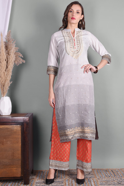 Women Pure Cotton Straight Mandarin Collar Kurta Palazzo Set