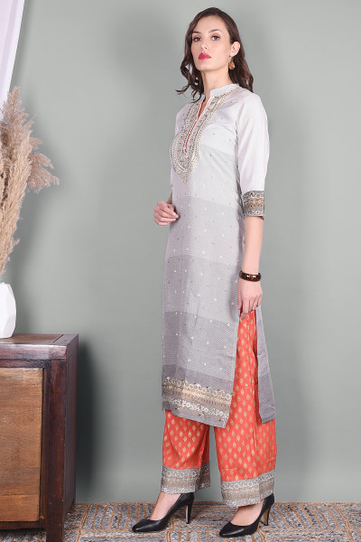 Women Pure Cotton Straight Mandarin Collar Kurta Palazzo Set