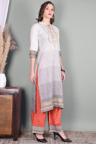Women Pure Cotton Straight Mandarin Collar Kurta Palazzo Set
