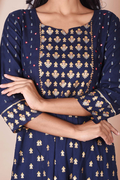 Blue & Golden Printed Rayon Kurta