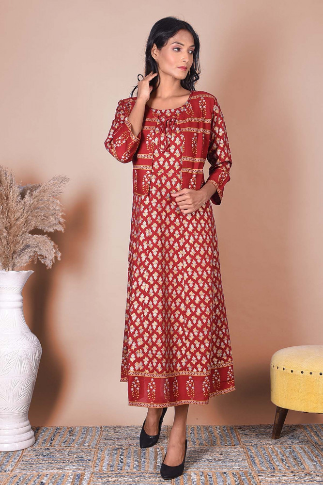 Red &amp; Golden Printed A-Line Kurta With Jacket