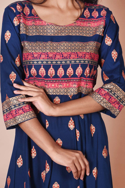 Royal Blue & Golden Printed Rayon A-Line Kurta