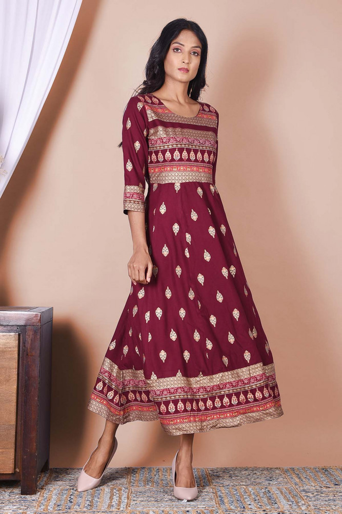 Wine &amp; Golden Printed Rayon A-Line Kurta