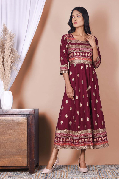 Wine & Golden Printed Rayon A-Line Kurta