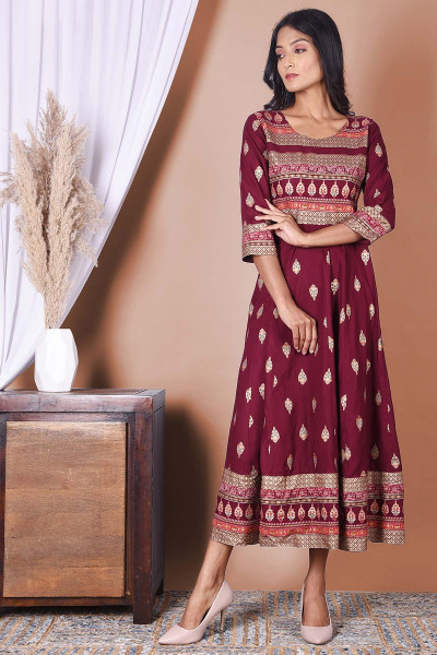 Wine & Golden Printed Rayon A-Line Kurta
