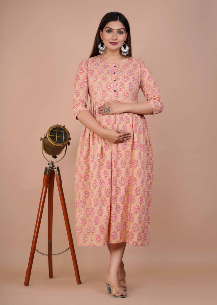 Cotton Floral Printed Maternity Feeding DressKurti with Zipper Maternity Gown for Women Feeding Dress
