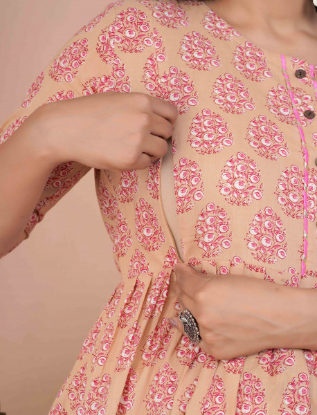 Cotton Floral Printed Maternity Feeding DressKurti with Zipper Maternity Gown for Women Feeding Dress