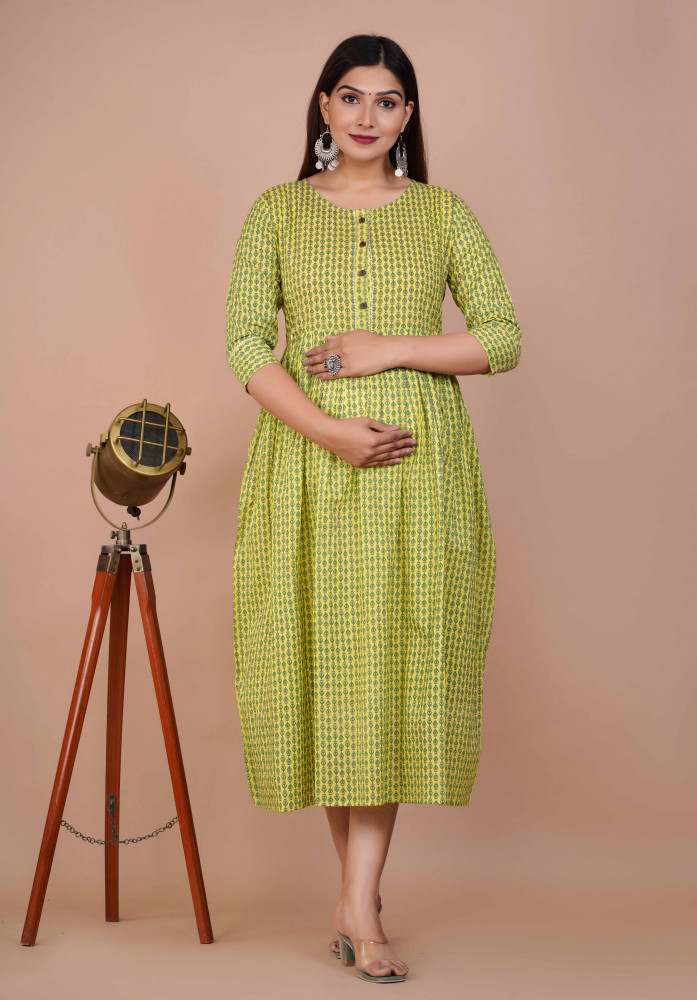 Cotton Floral Printed Maternity Feeding DressKurti with Zipper Maternity Gown for Women Feeding Dress