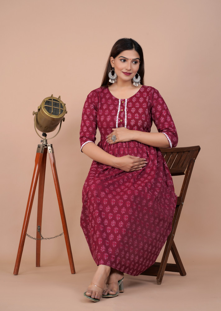 Cotton Floral Printed Maternity Feeding DressKurti with Zipper Maternity Gown for Women Feeding Dress