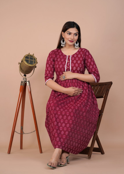 Cotton Floral Printed Maternity Feeding DressKurti with Zipper Maternity Gown for Women Feeding Dress