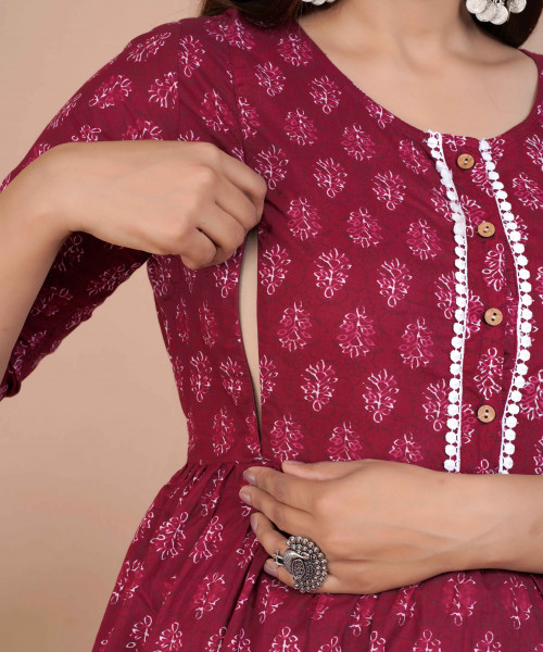Cotton Floral Printed Maternity Feeding DressKurti with Zipper Maternity Gown for Women Feeding Dress