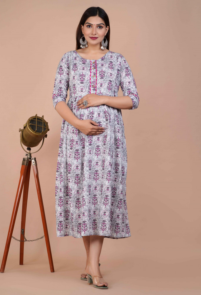 Cotton Floral Printed Maternity Feeding DressKurti with Zipper Maternity Gown for Women Feeding Dress