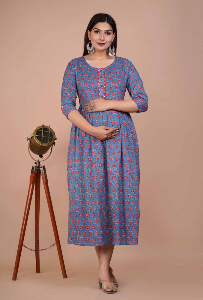 Cotton Floral Printed Maternity Feeding DressKurti with Zipper Maternity Gown for Women Feeding Dress