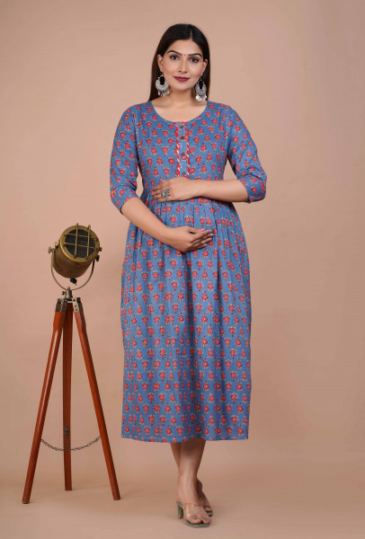 Cotton Floral Printed Maternity Feeding DressKurti with Zipper Maternity Gown for Women Feeding Dress