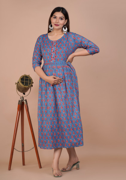 Cotton Floral Printed Maternity Feeding DressKurti with Zipper Maternity Gown for Women Feeding Dress