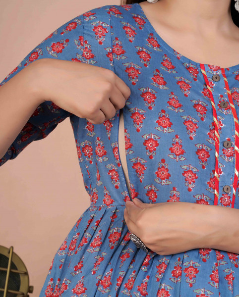 Cotton Floral Printed Maternity Feeding DressKurti with Zipper Maternity Gown for Women Feeding Dress