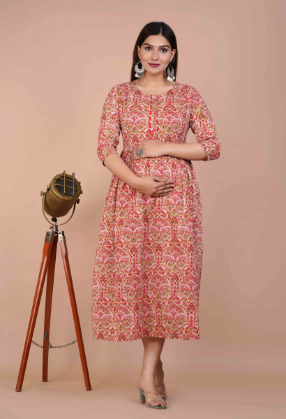 Cotton Floral Printed Maternity Feeding DressKurti with Zipper Maternity Gown for Women Feeding Dress