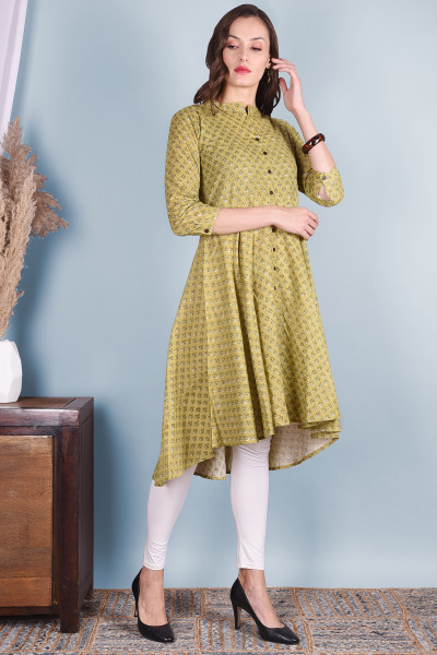 Green Floral Printed Flared A-Line Cotton Kurta