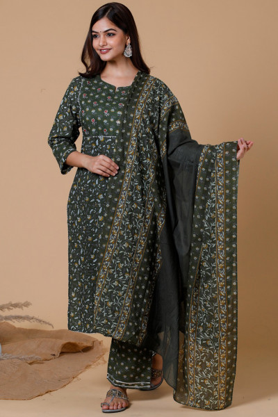 Women Pure Cotton Straight Round Neck Kurta Palazzo DupattaSet