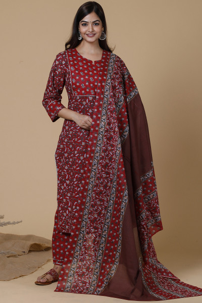 Women Pure Cotton Straight  Kurta Palazzo DupattaSet