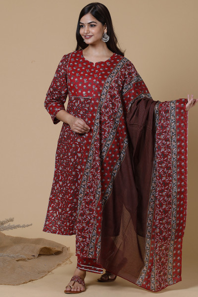 Women Pure Cotton Straight  Kurta Palazzo DupattaSet