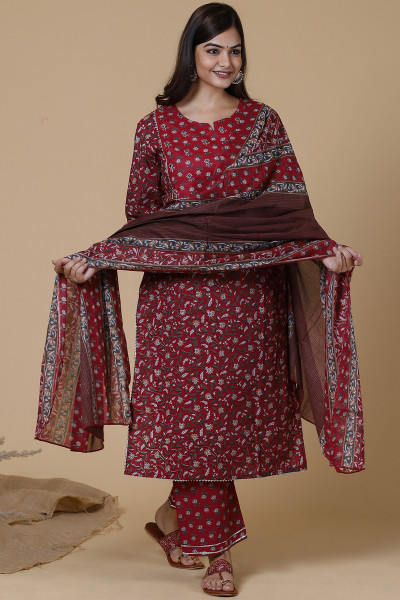Women Pure Cotton Straight  Kurta Palazzo DupattaSet