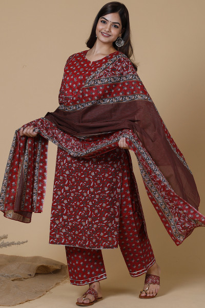 Women Pure Cotton Straight  Kurta Palazzo DupattaSet
