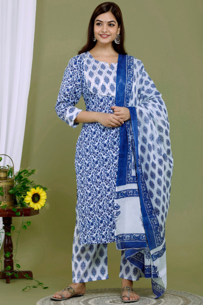 Women Pure Cotton Straight Round Neck Kurta Palazzo DupattaSet