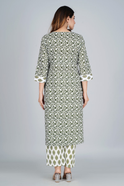 Women Pure Cotton Straight Round Neck Kurta Palazzo DupattaSet