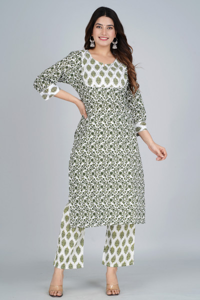 Women Pure Cotton Straight Round Neck Kurta Palazzo DupattaSet